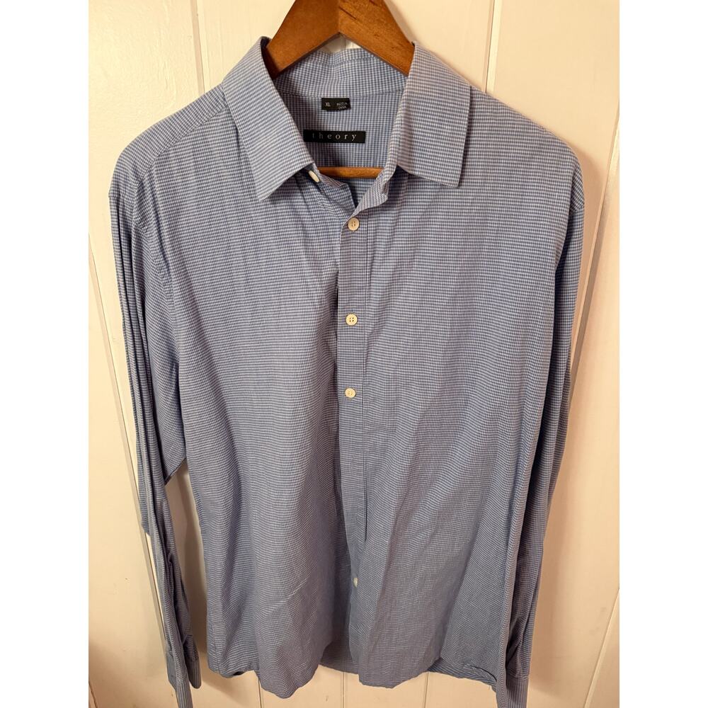 Theory - Long Sleeve Button Up Casual Gingham Shirt - Blue & White - Mens XL
